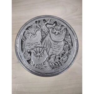 Vintage Pewter Owls Round Trinket Box Designs By Metzke Pewter 1970